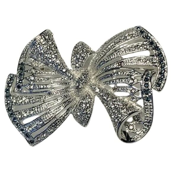 Vintage Napier Silver Tone Rhinestone Sparkle Brooch Bow Christmas Ribbon Pin - Picture 4 of 9
